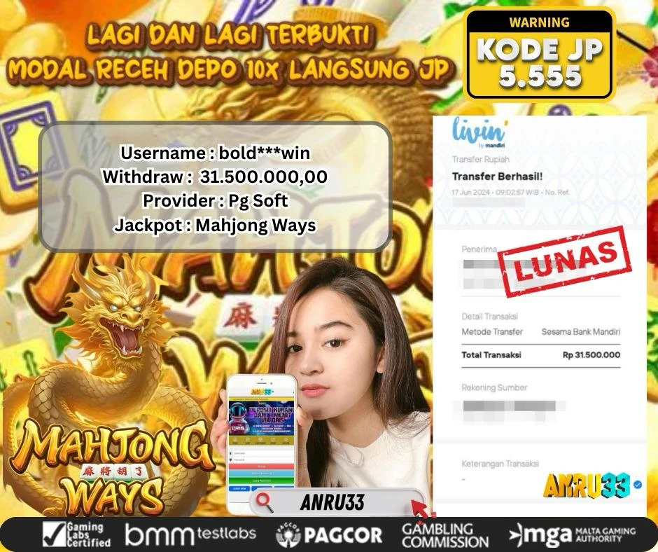 ANRU33 JACKPOT SLOT MAHJONG WAYS Rp.31.500.000,- DIBAYAR LUNAS