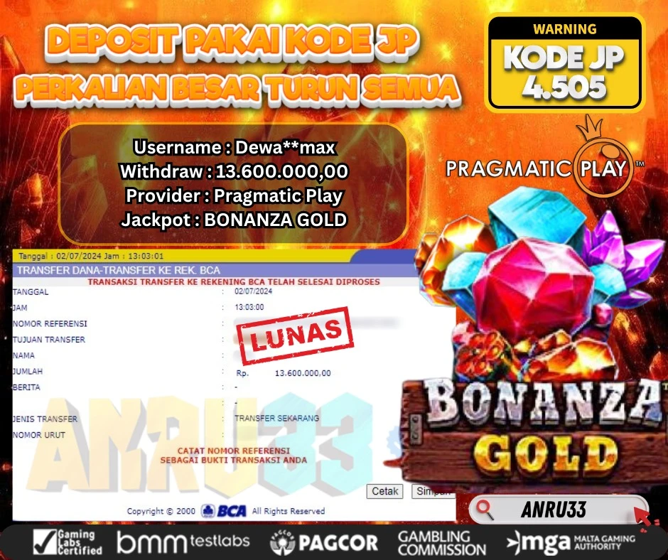 ANRU33 JACKPOT SLOT BONANZA GOLD Rp.13.600.000,- DIBAYAR LUNAS