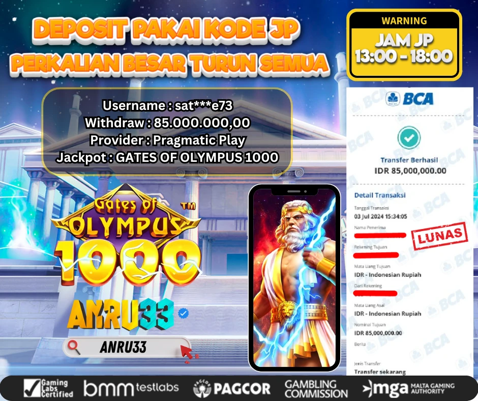 ANRU33 JACKPOT SLOT GATES OF OLYMPUS 1000 Rp.85.000.000,- DIBAYAR LUNAS