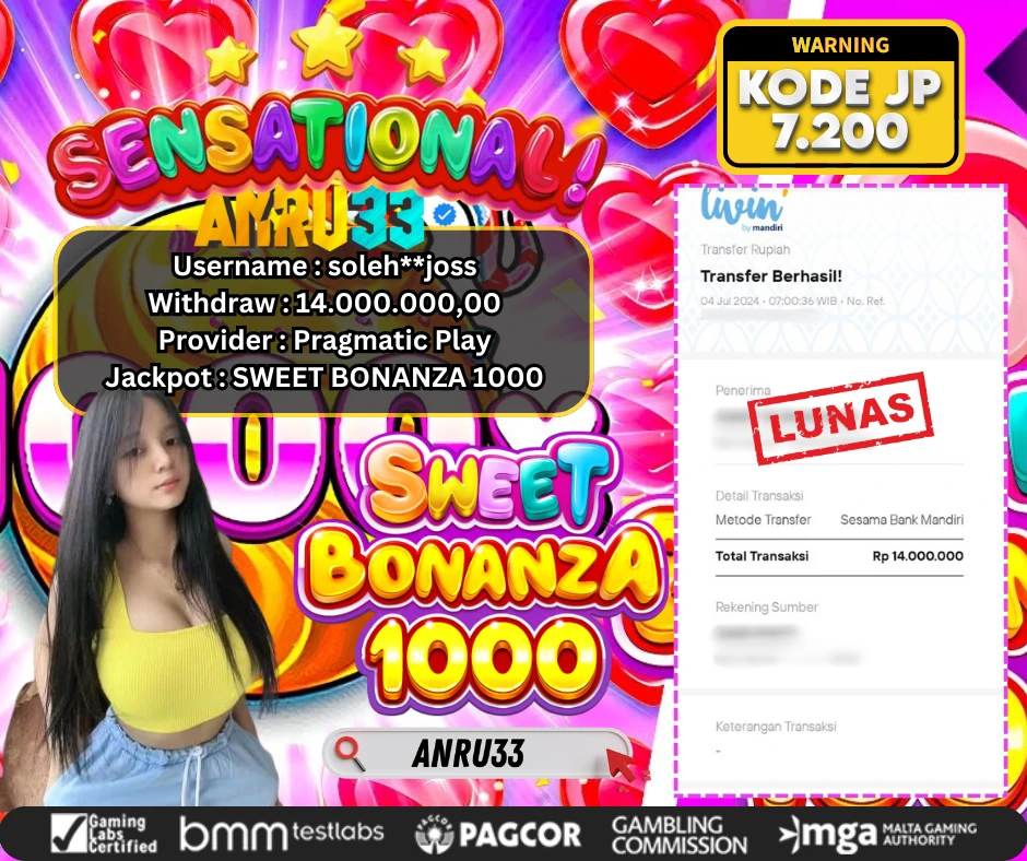 ANRU33 JACKPOT SLOT SWEET BONANZA 1000 Rp.14.000.000,- DIBAYAR LUNAS