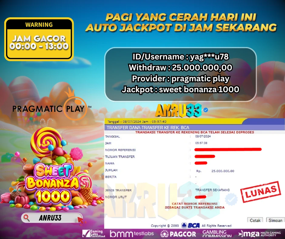 ANRU33 JACKPOT SLOT SWEET BONANZA 1000 Rp 25.000.000,00 - DIBAYAR LUNAS