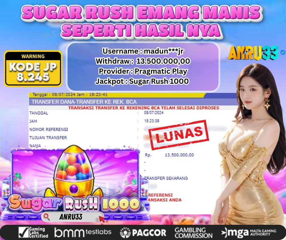 ANRU33 JACKPOT SUGAR RUSH 1000 Rp 13.500.000,00 - DIBAYAR LUNAS