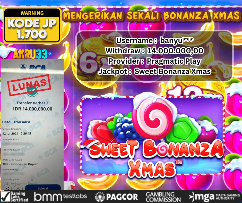 ANRU33 JACKPOT SLOT Sweet Bonanza Xmas Rp 14.000.000,00 - DIBAYAR LUNAS