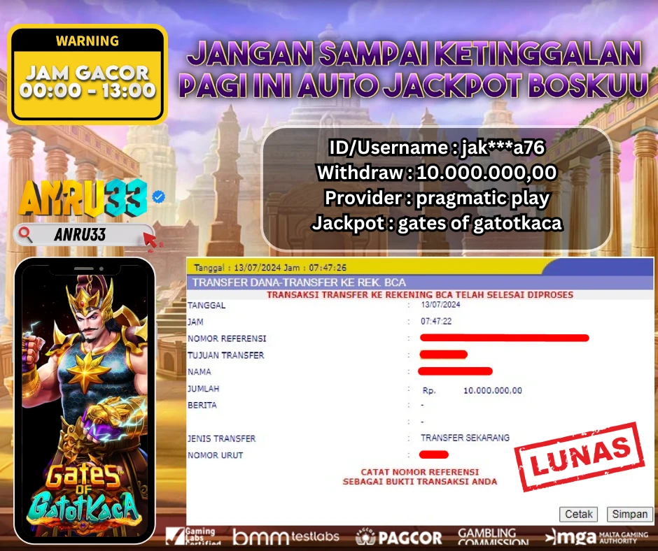 ANRU33 JACKPOT SLOT GATES OF GATOTKACA Rp.10.000.000,- LUNAS