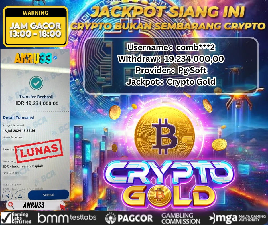 ANRU33 JACKPOT SLOT Crypto Gold Rp 19.234.000,00 - DIBAYAR LUNAS