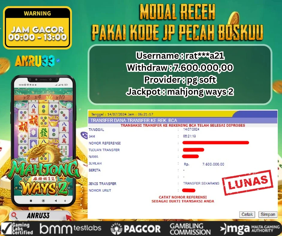 ANRU33 JACKPOT SLOT MAHJONG WAYS 2 Rp. 7.600.000,- DIBAYAR LUNAS