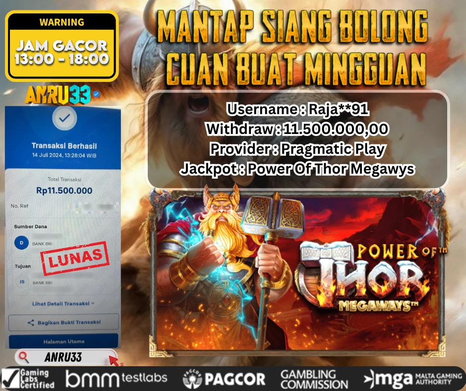 ANRU33 JACKPOT SLOT Power Of Thor Megawys Rp 11.500.000,00 - DIBAYAR LUNAS