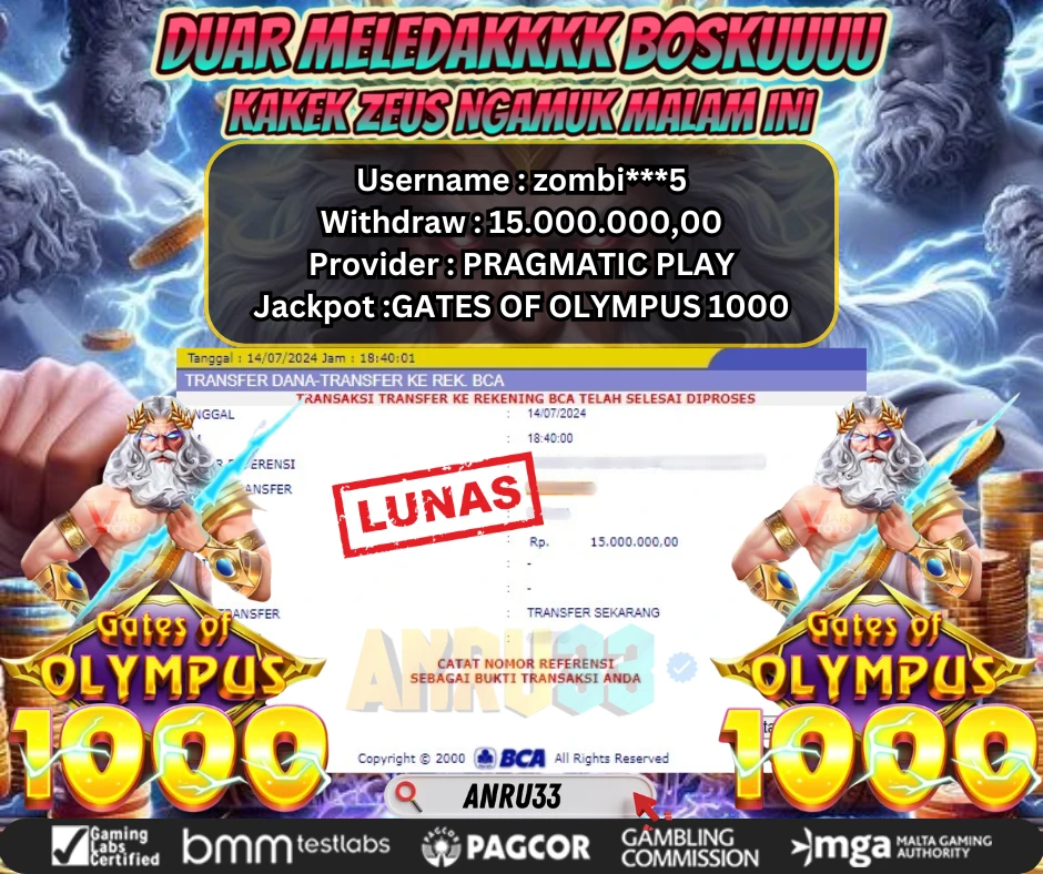 ANRU33 JACKPOT SLOT GATES OF OLYMPUS 1000 Rp 15.000.000,00 - DIBAYAR LUNAS