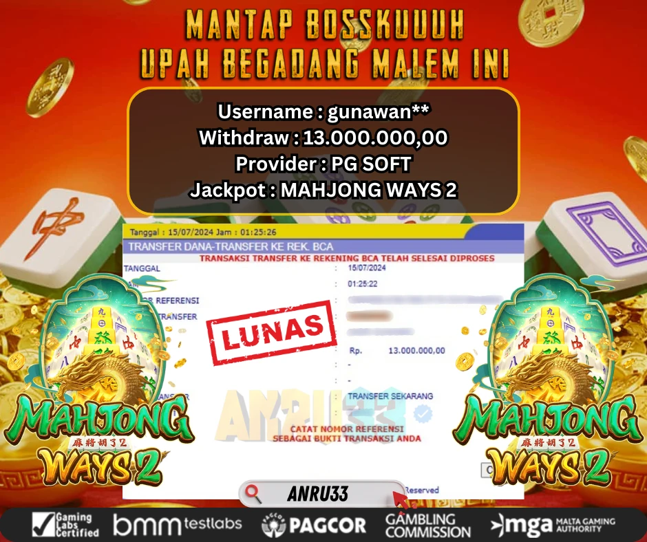 ANRU33 JACKPOT SLOT MAHJONG WAYS 2 Rp 13.000.000,00 - DIBAYAR LUNAS