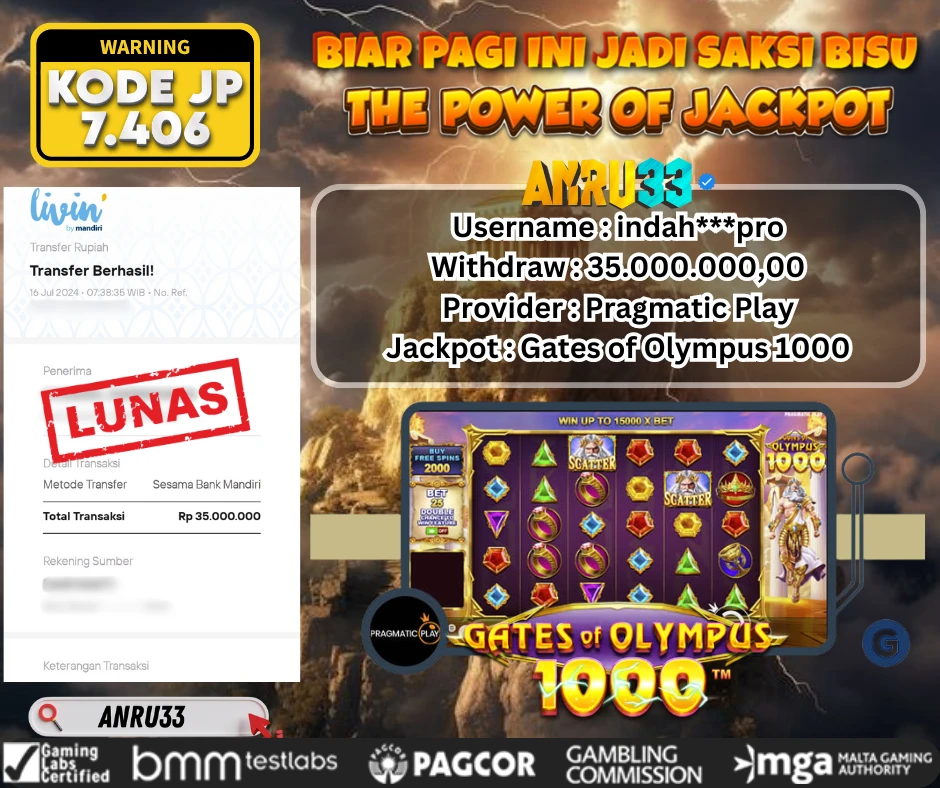 ANRU33 JACKPOT SLOT Gates of Olympus 1000 Rp 35.000.000,00 - DIBAYAR LUNAS