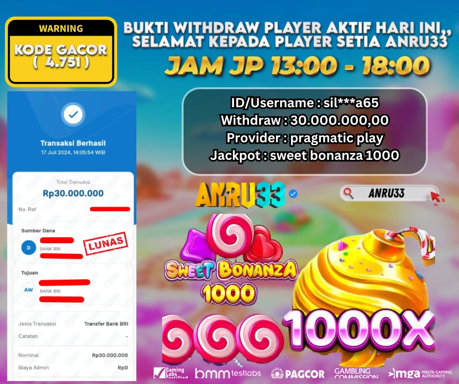 ANRU33 JACKPOT SLOT SWEET BONANZA 1000 Rp.30.000.000,- DIBAYAR LUNAS