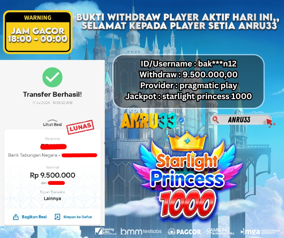 ANRU33 JACKPOT SLOT STARLIGHT PRINCESS 1000 Rp. 9.500.000,- DIBAYAR LUNAS