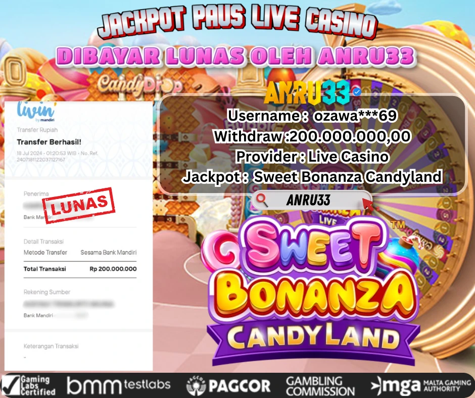 ANRU33 JACKPOT Live Casino Sweet Bonanza Candyland Rp 200.000.000,00 - DIBAYAR LUNAS