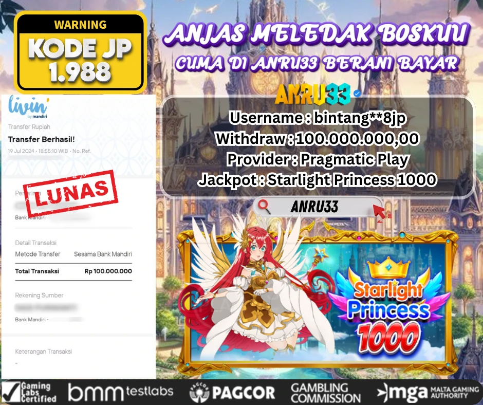 ANRU33 JACKPOT SLOT Starlight Princess 1000 Rp 100.000.000,00 - DIBAYAR LUNAS