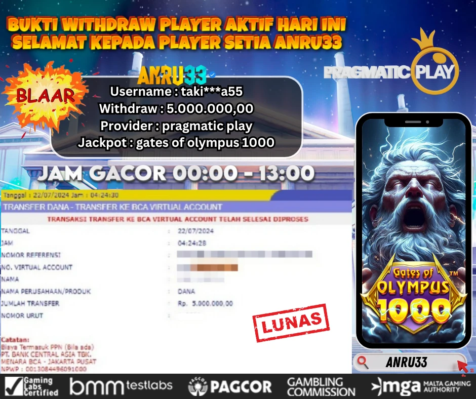 ANRU33 JACKPOT SLOT GATES OF OLYMPUS 1000 Rp.5.000.000,- DIBAYAR LUNAS