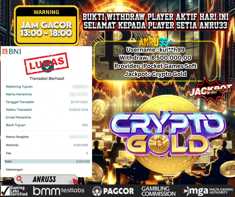 ANRU33 JACKPOT SLOT Crypto Gold Rp 8.500.000,00 - DIBAYAR LUNAS