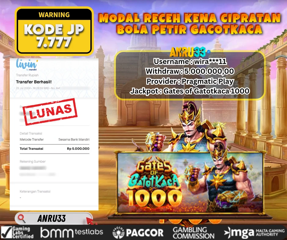 ANRU33 JACKPOT SLOT Gates of Gatotkaca 1000 Rp 5.000.000,00 - DIBAYAR LUNAS