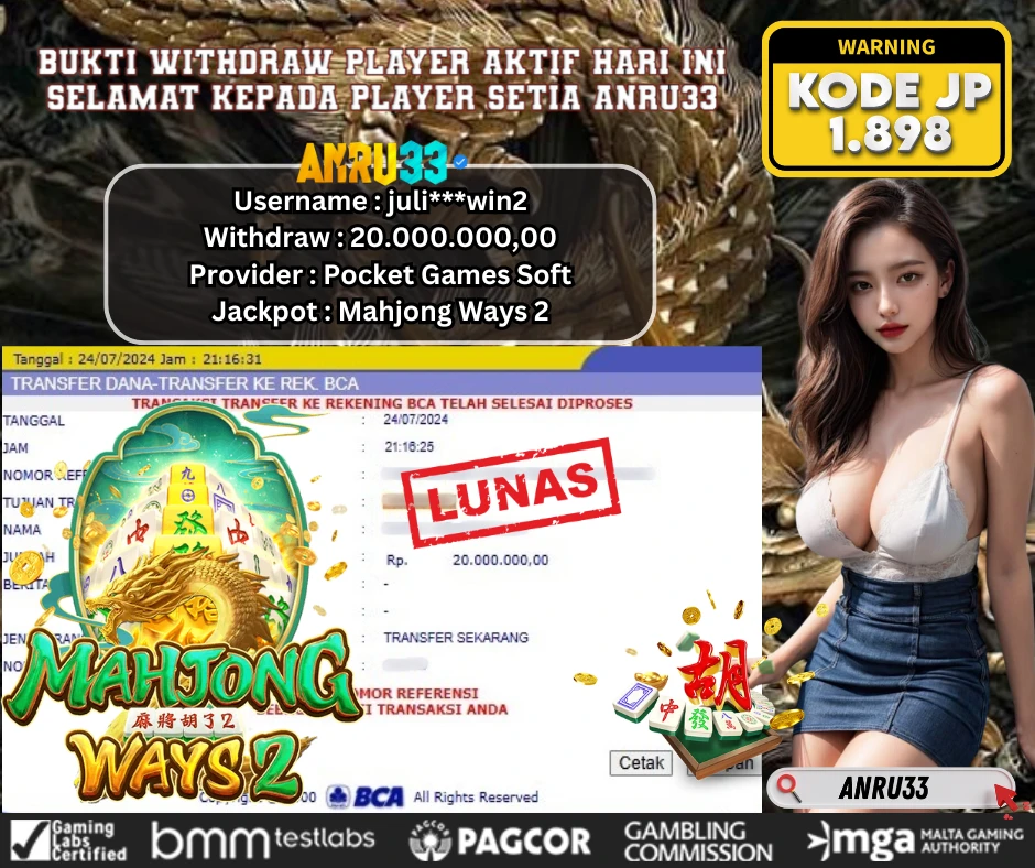 ANRU33 JACKPOT SLOT Mahjong Ways 2 Rp 20.000.000,00 - DIBAYAR LUNAS