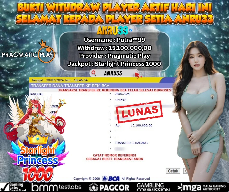 ANRU33 JACKPOT SLOT Starlight Princess 1000 Rp 15.100.000,00- DIBAYAR LUNAS