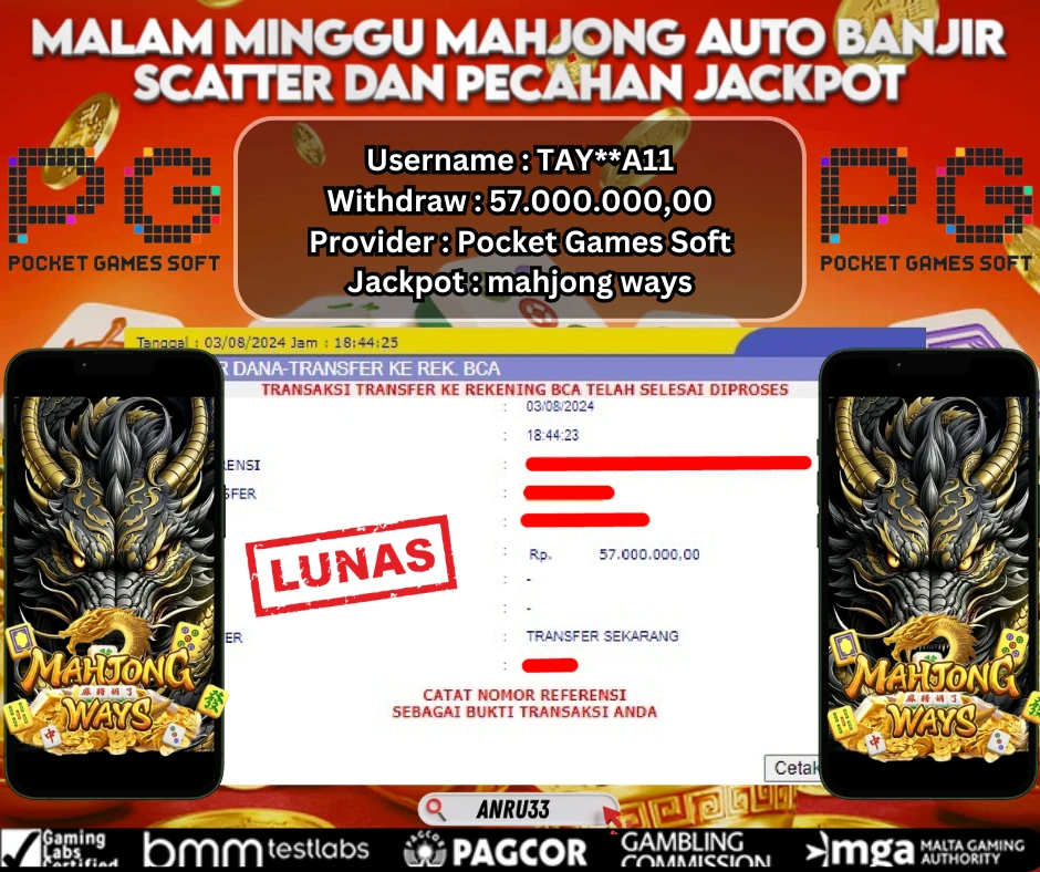 ANRU33 JACKPOT SLOT MAHJONG WAYS  Rp.57.000.000,- DIBAYAR LUNAS