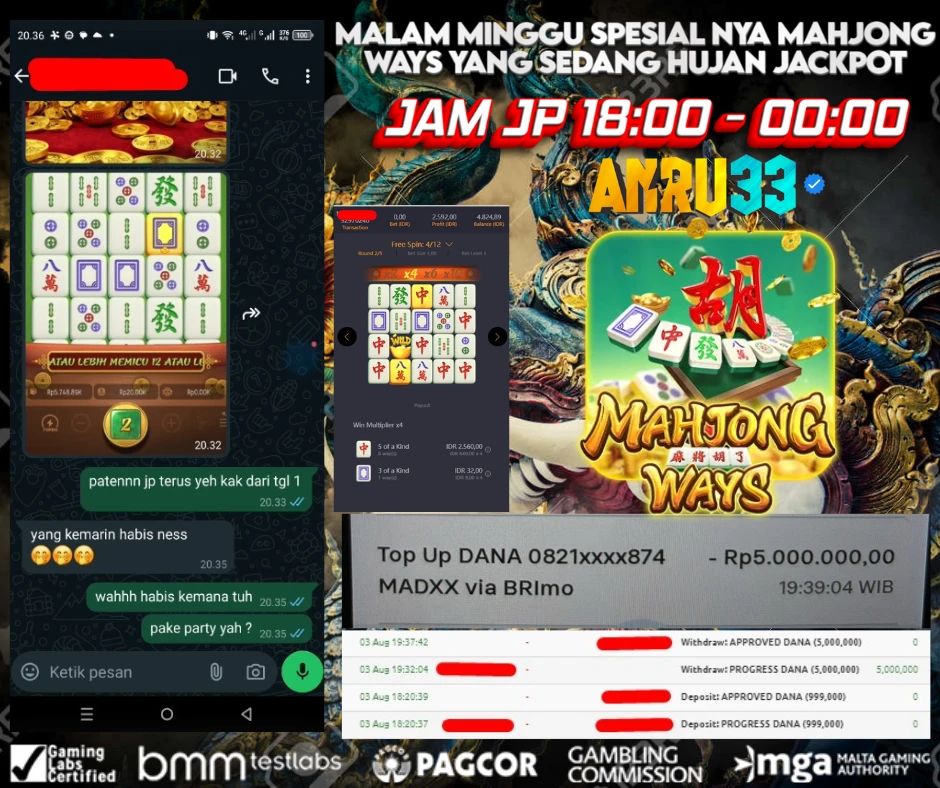 ANRU33 JACKPOT SLOT MAHJONG WAYS Rp.5.000.000,- DIBAYAR LUNAS