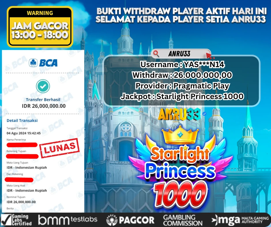 ANRU33 JACKPOT SLOT STARLIGHT PRINCESS 1000 Rp.26.000.000,- DIBAYAR LUNAS