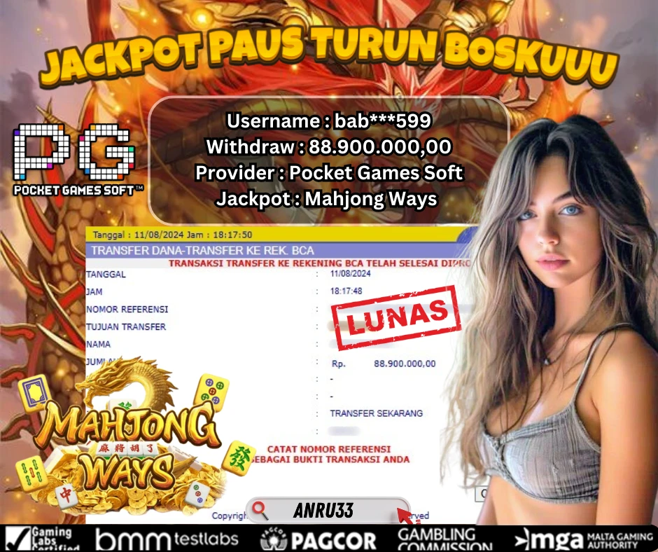 ANRU33 JACKPOT SLOT Mahjong Ways Rp 88.900.000,00- DIBAYAR LUNAS