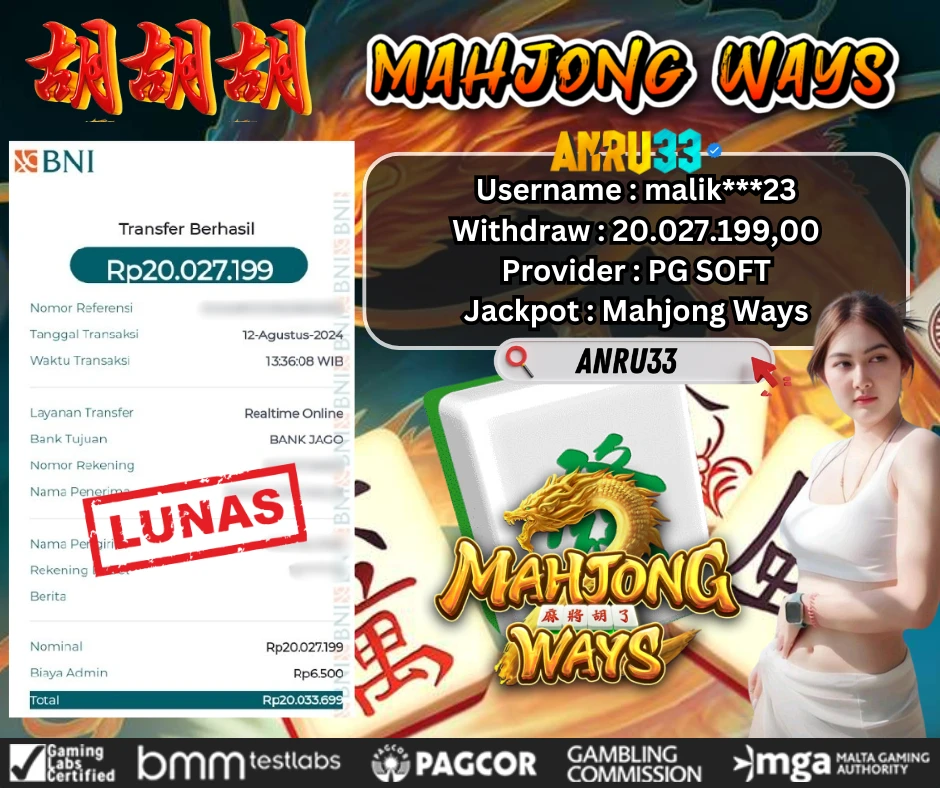 ANRU33 JACKPOT SLOT MAHJONG WAYS Rp.20.027.199,- DIBAYAR LUNAS