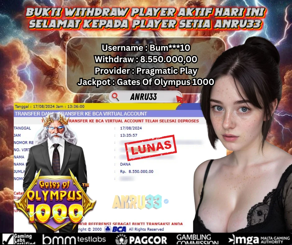 ANRU33 JACKPOT SLOT Gates Of Olympus 1000 Rp 8.550.000,00- DIBAYAR LUNAS