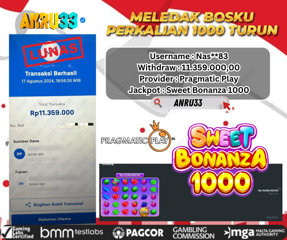 ANRU33 JACKPOT SLOT Sweet Bonanza 1000 Rp 11.359.000,00- DIBAYAR LUNAS