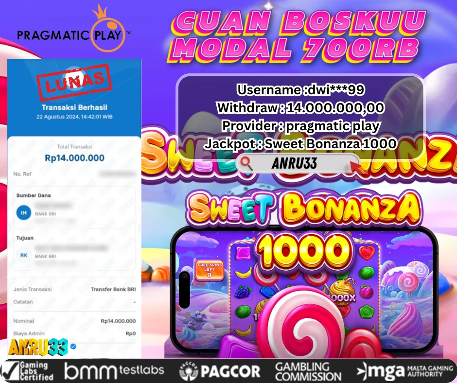 ANRU33 JACKPOT SLOT Sweet Bonanza 1000 RP 14.000.000,00 - DIBAYAR LUNAS