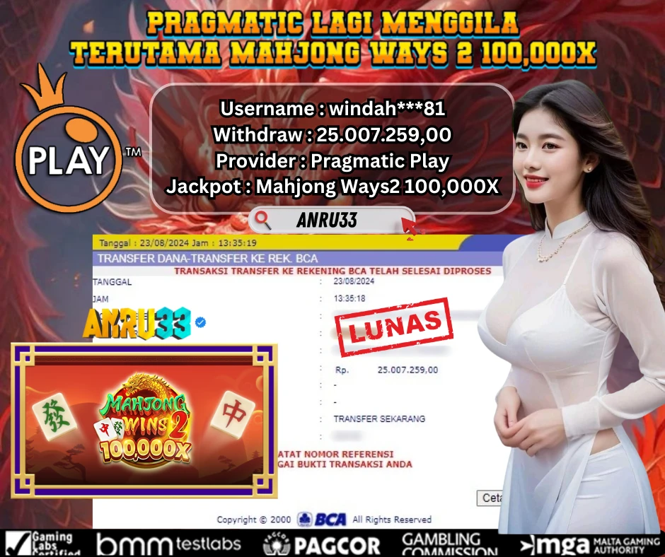 ANRU33 JACKPOT SLOT Mahjong Ways2 100,000X RP 25.007.259,00 - DIBAYAR LUNAS