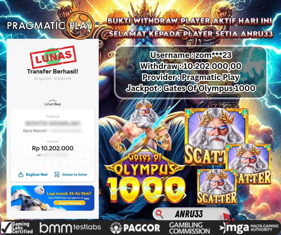 ANRU33 JACKPOT SLOT Gates Of Olympus 1000 Rp 10.202.000,00- DIBAYAR LUNAS