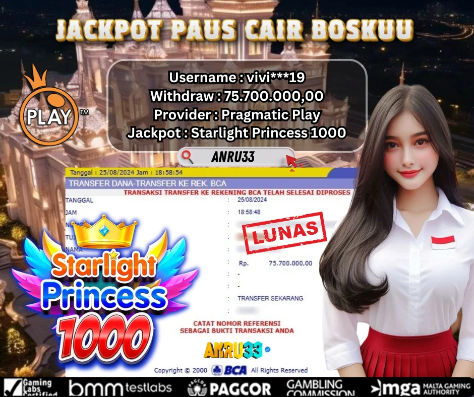 ANRU33 JACKPOT SLOT Starlight Princess 1000 RP 75.700.000,00 - DIBAYAR LUNAS