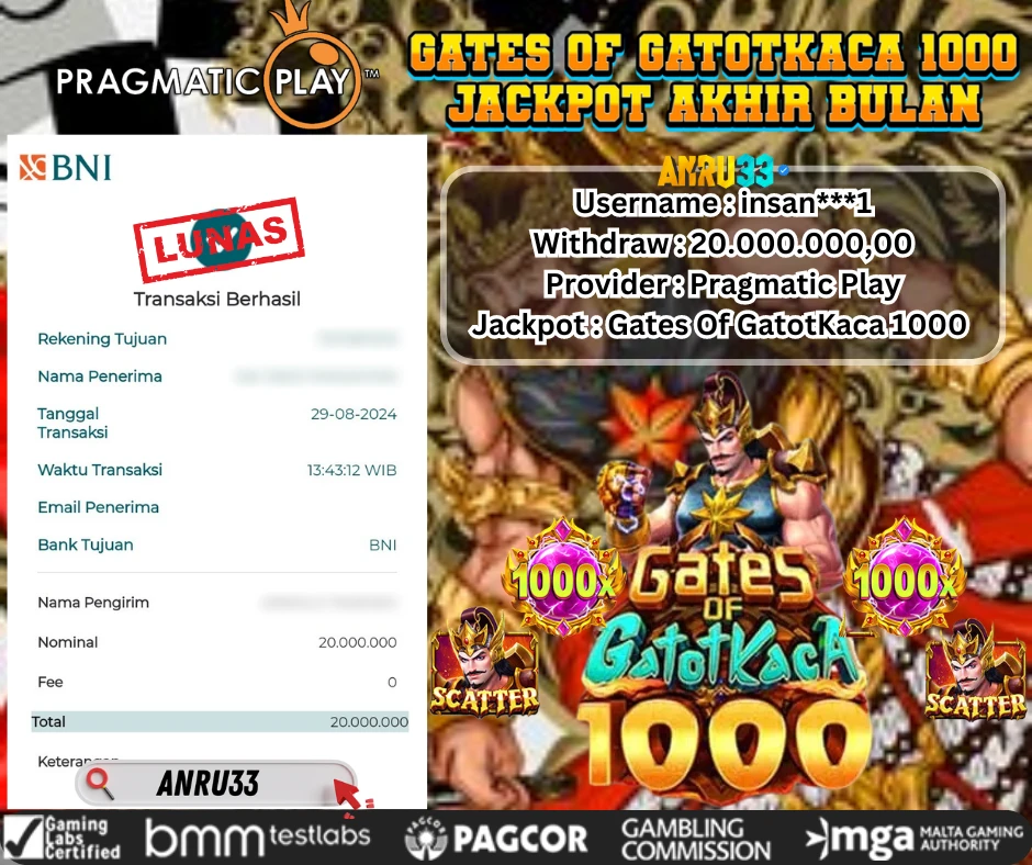 ANRU33 JACKPOT SLOT Gates Of GatotKaca 1000 RP 20.000.000,00 - DIBAYAR LUNAS