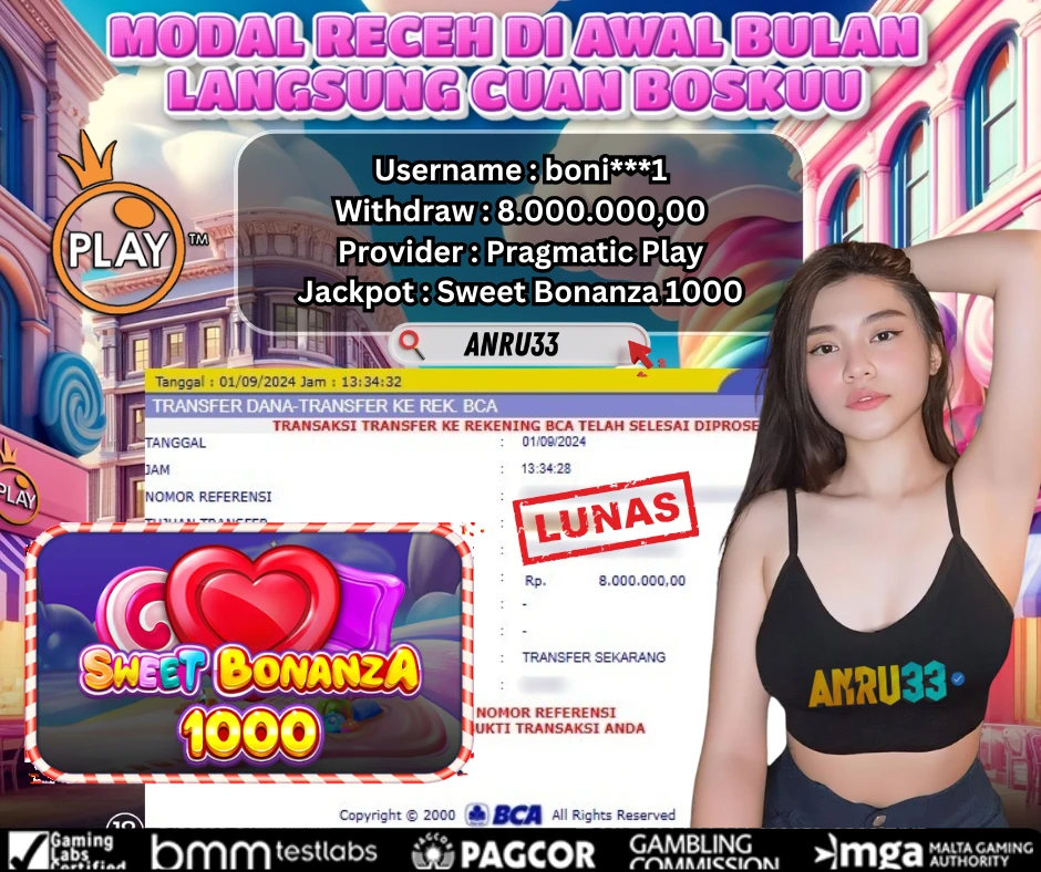 ANRU33 JACKPOT SLOT Sweet Bonanza 1000 RP 8.000.000,00 - DIBAYAR LUNAS