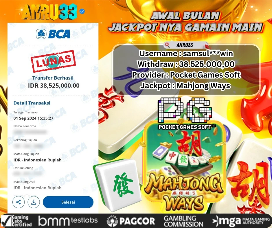 ANRU33 JACKPOT SLOT Mahjong Ways Rp 38.525.000,00- DIBAYAR LUNAS