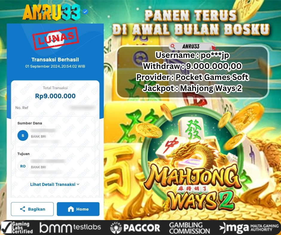 ANRU33 JACKPOT SLOT Mahjong Ways 2 RP 9.000.000,00 - DIBAYAR LUNAS