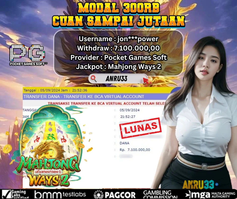 ANRU33 JACKPOT SLOT Mahjong Ways 2 RP 7.100.000,00 - DIBAYAR LUNAS