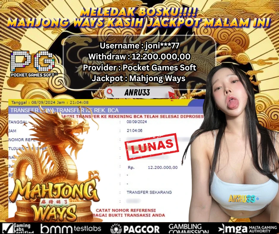 ANRU33 JACKPOT SLOT Mahjong Ways RP 12.200.000,00 - DIBAYAR LUNAS