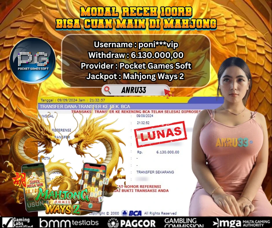 ANRU33 JACKPOT SLOT Mahjong Ways 2 RP 6.130.000,00 - DIBAYAR LUNAS