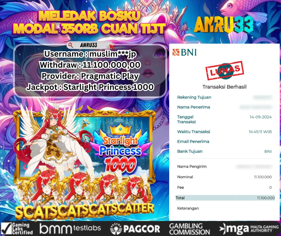 ANRU33 JACKPOT SLOT Starlight Princess 1000 Rp 11.100.000,00- DIBAYAR LUNAS