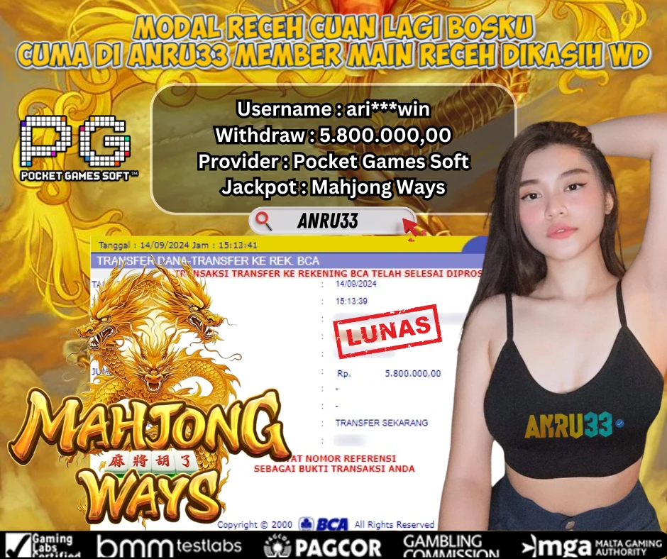 ANRU33 JACKPOT SLOT Mahjong Ways Rp 5.800.000,00- DIBAYAR LUNAS