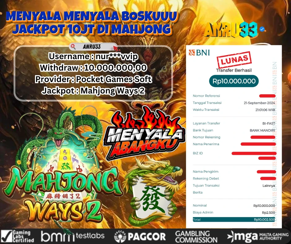 ANRU33 JACKPOT SLOT Mahjong Ways 2 RP 10.000.000,00 - DIBAYAR LUNAS