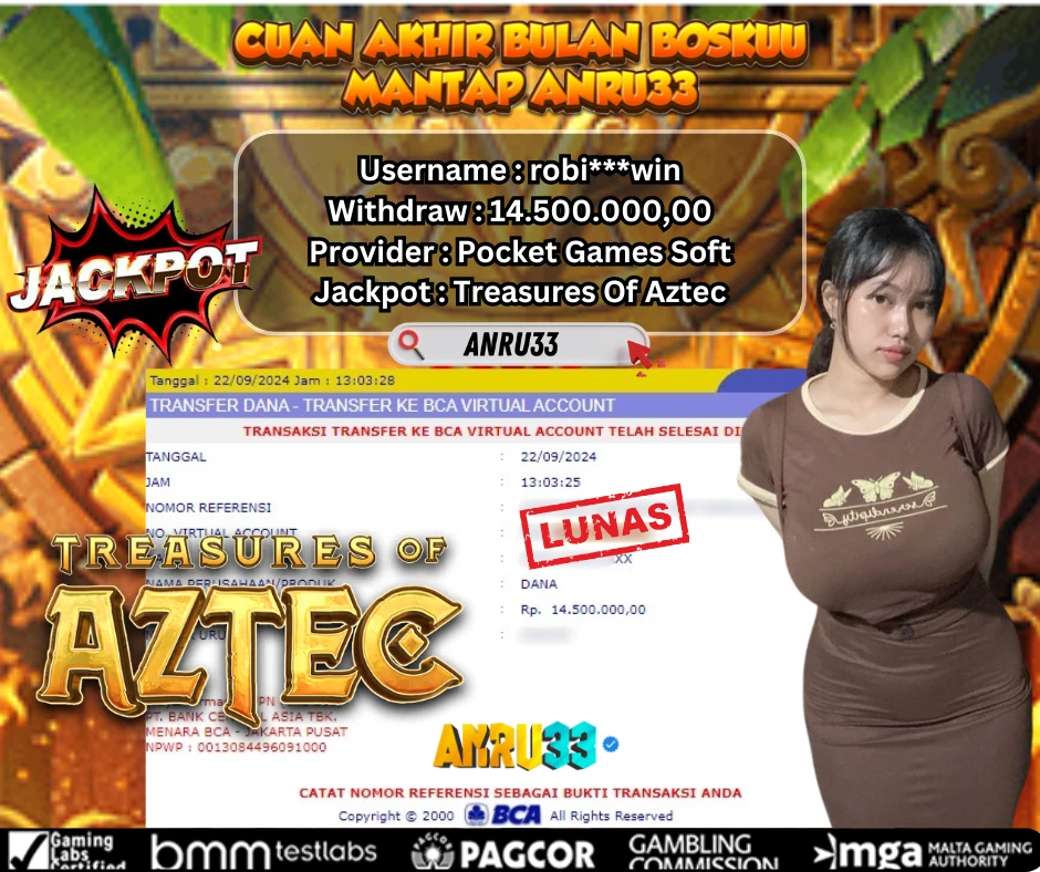 ANRU33 JACKPOT SLOT Treasures Of Aztec RP 14.500.000,00 - DIBAYAR LUNAS